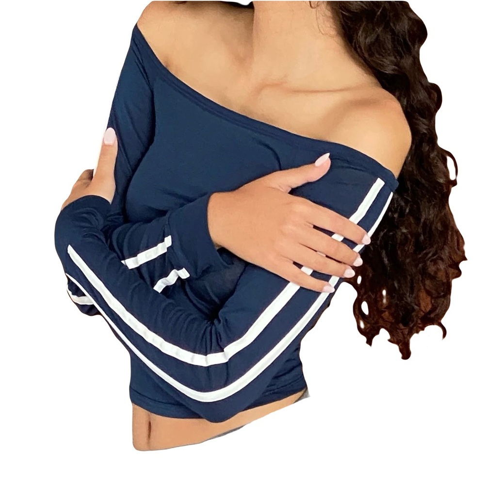 Navy Off-Shoulder Top with White Stripes